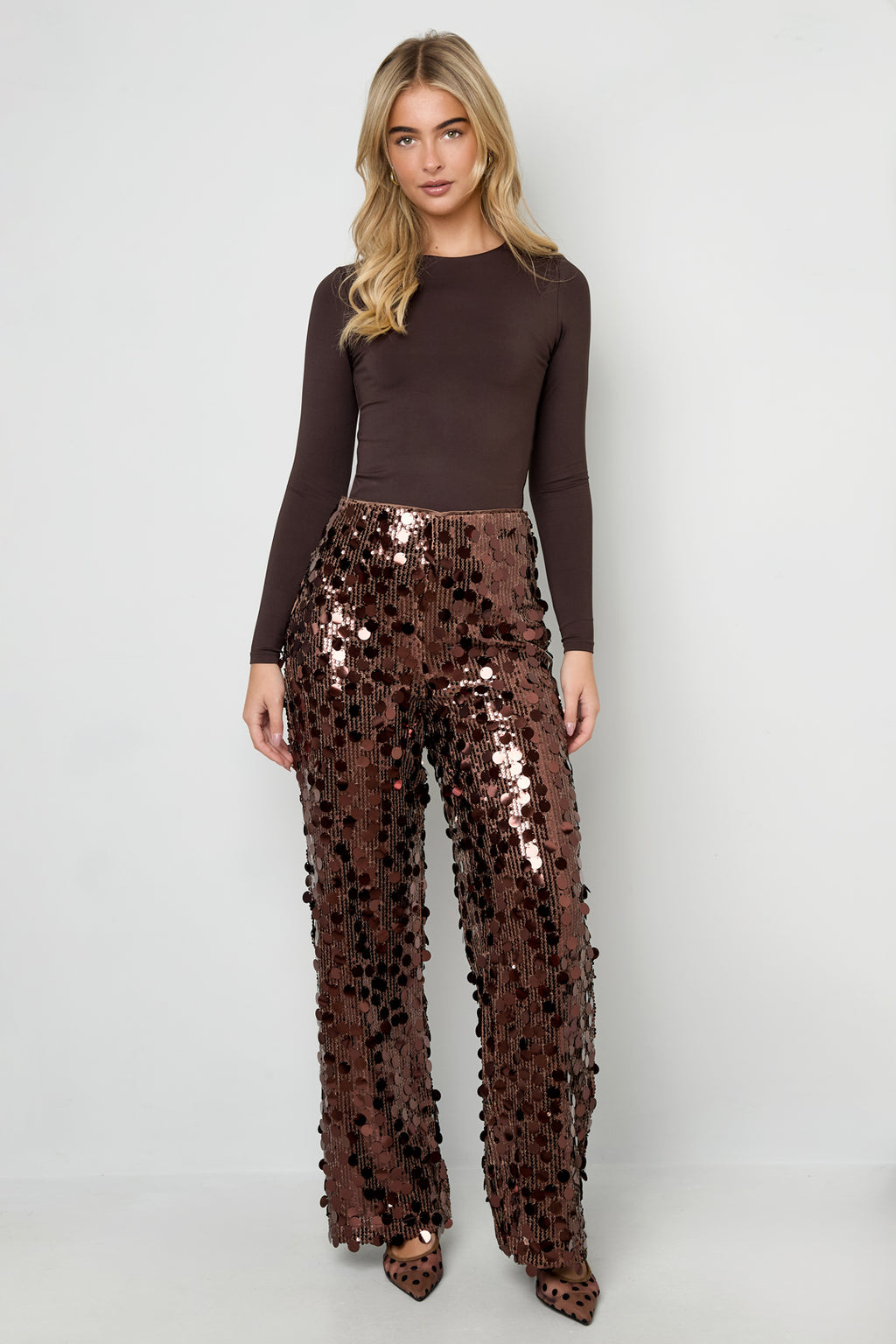Geweven Polyestervezel Vrouwen Rechte Broek Pailletten Elegante